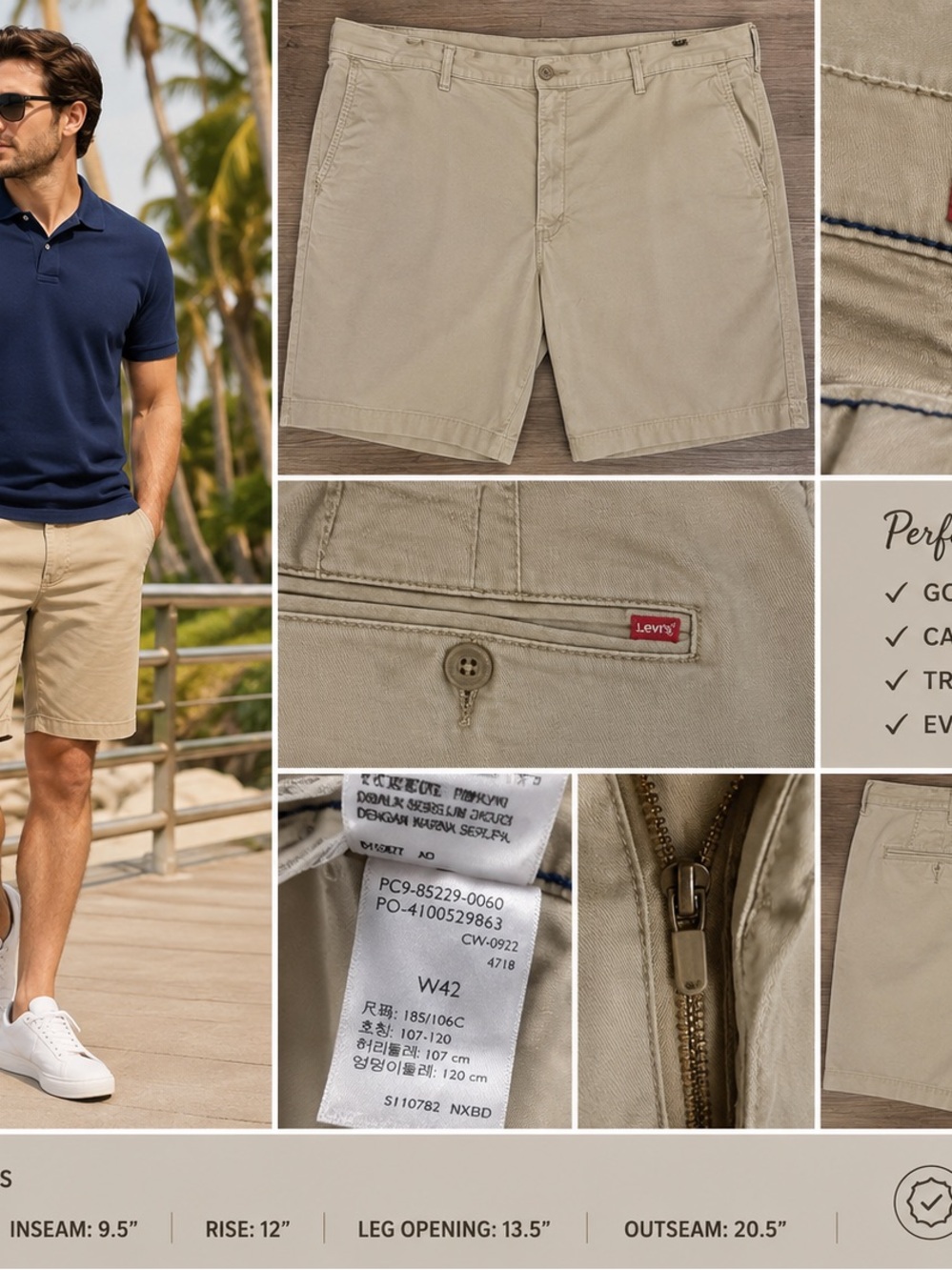 Levi’s XX Chino Shorts Men 42 Beige Khaki Flat Front Classic Casual Golf Comfort